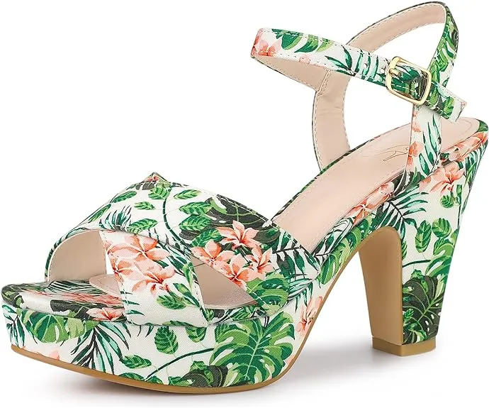 Black Floral Platform Heel Sling Back Sandals