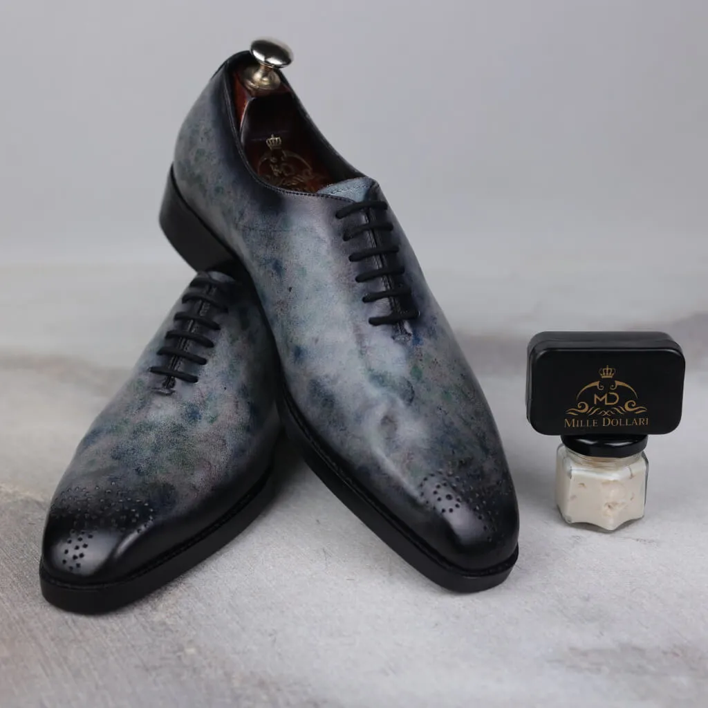 Eclipse Elegance: Grey Marble Patina Wholecut Derby Shoes