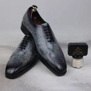 Eclipse Elegance: Grey Marble Patina Wholecut Derby Shoes
