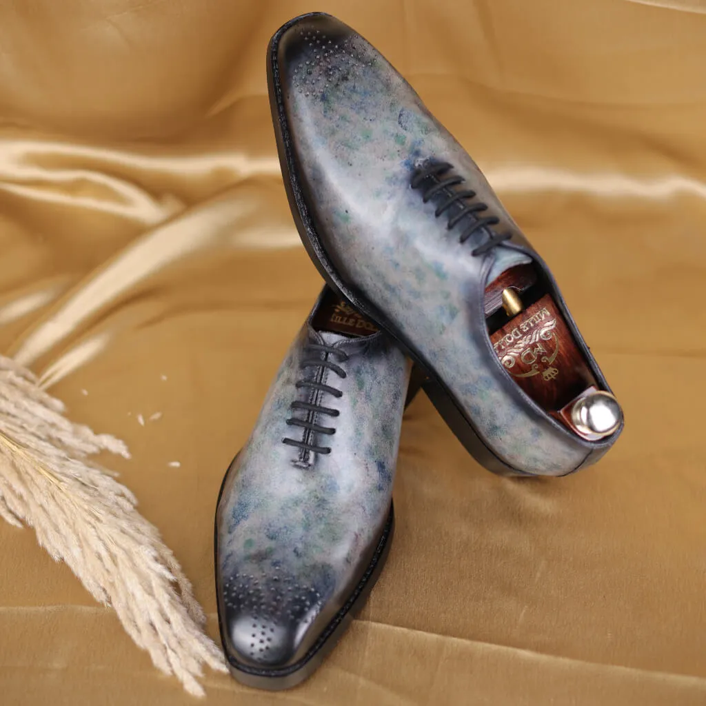 Eclipse Elegance: Grey Marble Patina Wholecut Derby Shoes