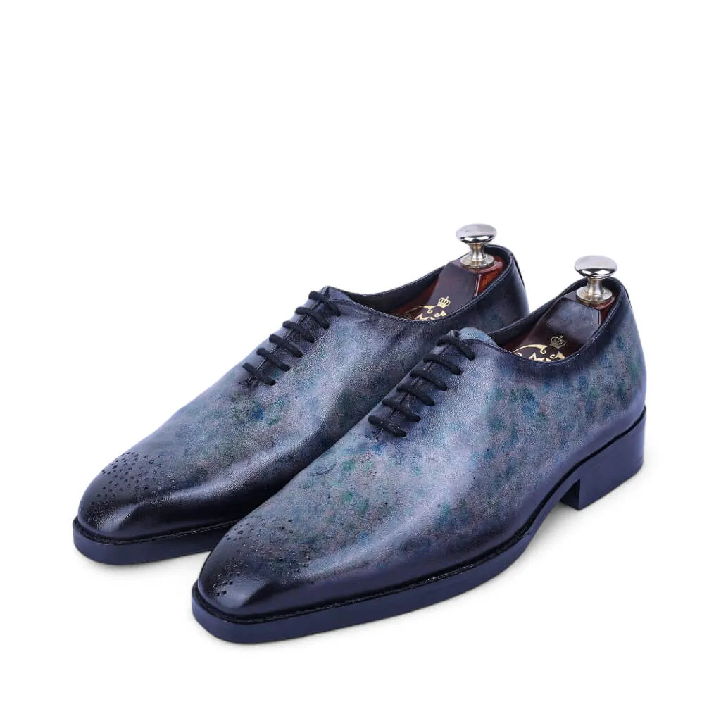 Eclipse Elegance: Grey Marble Patina Wholecut Derby Shoes