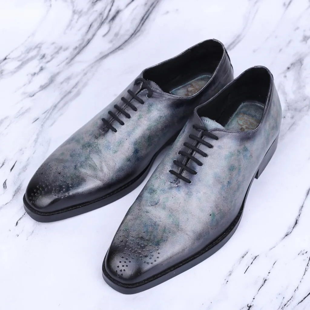 Eclipse Elegance: Grey Marble Patina Wholecut Derby Shoes