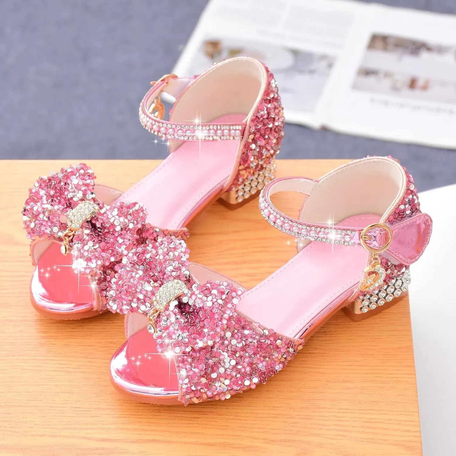 Girls Sandals Glitter Bow Dress Shoes Princess High Heels Sequins Party Wedding Flower Girls Shoes for Kids Toddlers