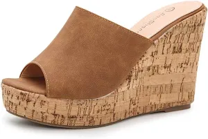 Soft Brown Cork Style Platform Wedge Sandals