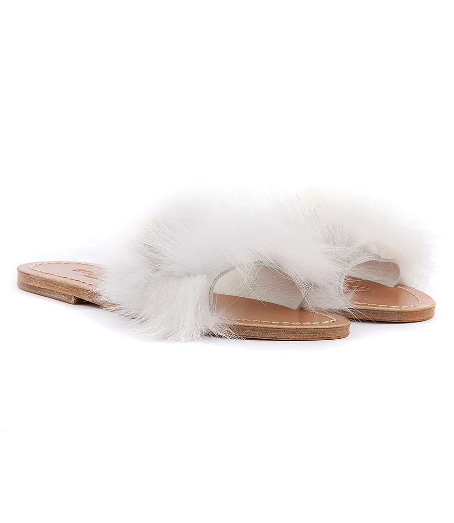 STRIPE FUR TRIMMED FLIP FLOP SANDALS WHITE