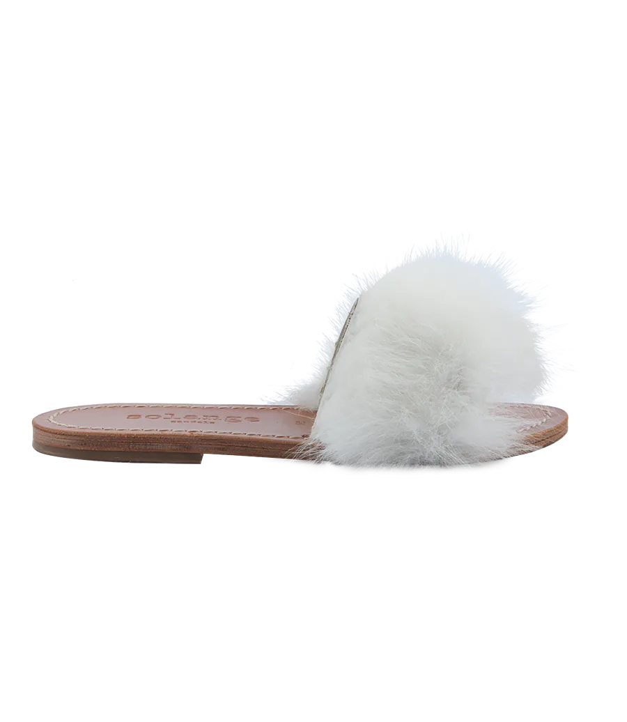 STRIPE FUR TRIMMED FLIP FLOP SANDALS WHITE