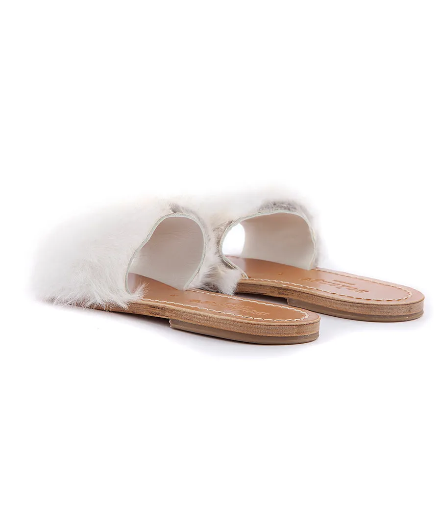 STRIPE FUR TRIMMED FLIP FLOP SANDALS WHITE