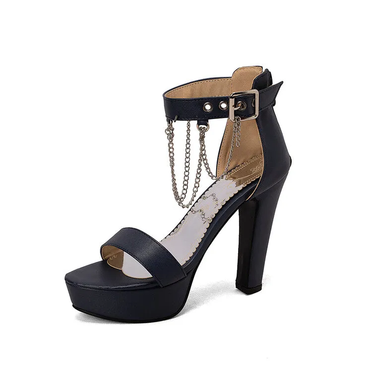 Women's Buckle Straps Chains Ankle Strap Chunky Heel Platform Sandals
