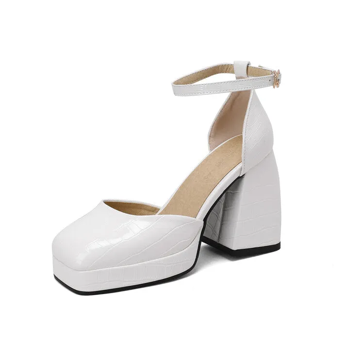 Women's Crocodile Pattern Ankle Strap Chunky Heel Platform Sandals