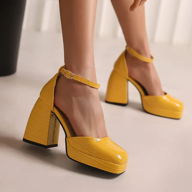 Women's Crocodile Pattern Ankle Strap Chunky Heel Platform Sandals
