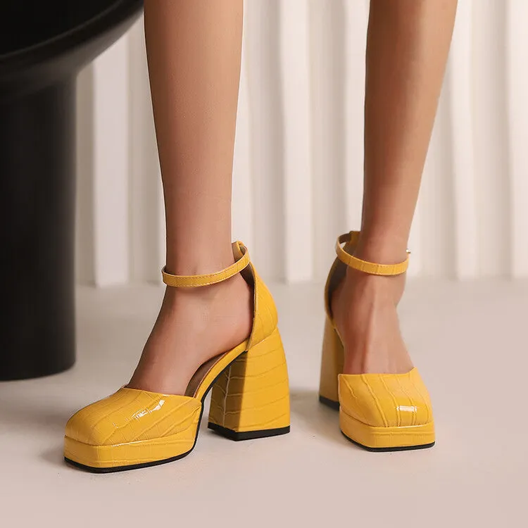 Women's Crocodile Pattern Ankle Strap Chunky Heel Platform Sandals