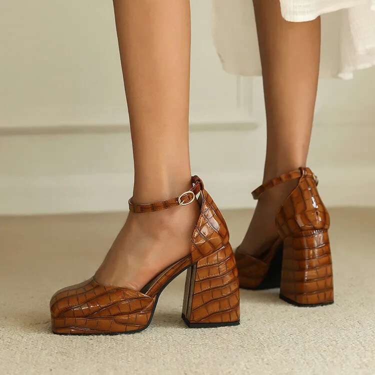 Women's Crocodile Pattern Ankle Strap Chunky Heel Platform Sandals