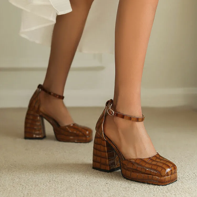 Women's Crocodile Pattern Ankle Strap Chunky Heel Platform Sandals