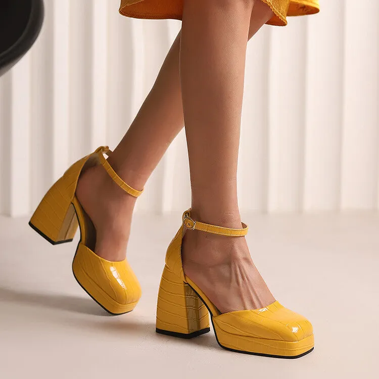 Women's Crocodile Pattern Ankle Strap Chunky Heel Platform Sandals