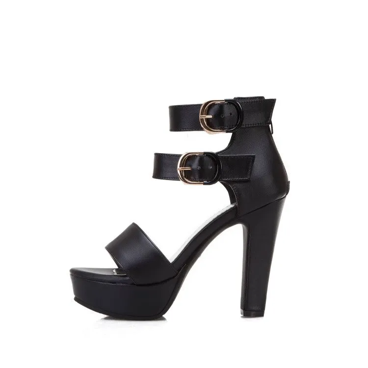 Women's Solid Color Double Ankle Strap Platform Chunky Heel Sandals
