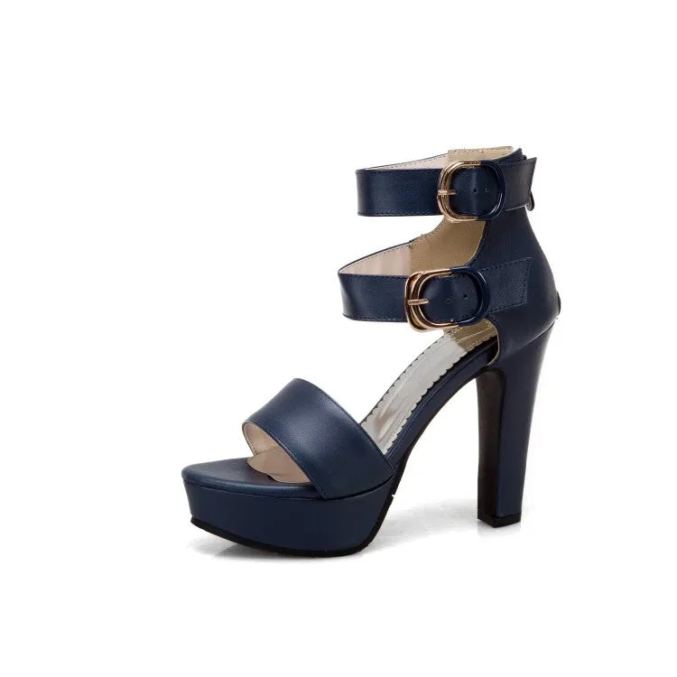 Women's Solid Color Double Ankle Strap Platform Chunky Heel Sandals