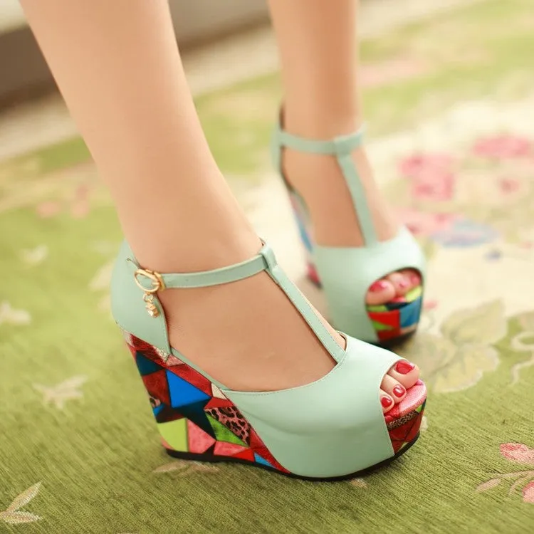 Women's T Strap Platform Wedges High Heel Sandals