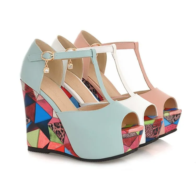 Women's T Strap Platform Wedges High Heel Sandals